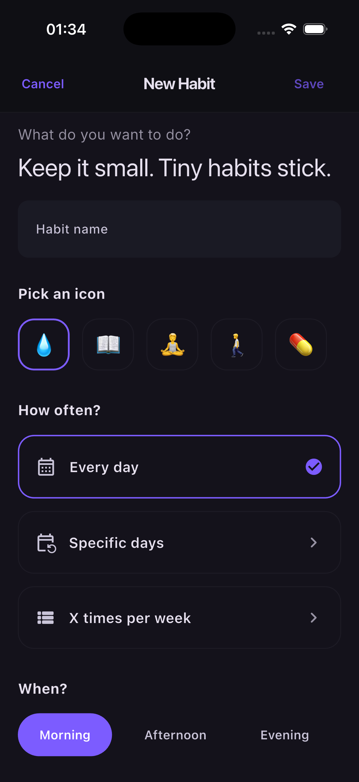 TinyHab create habit screen for setting icon, schedule, and reminder options.