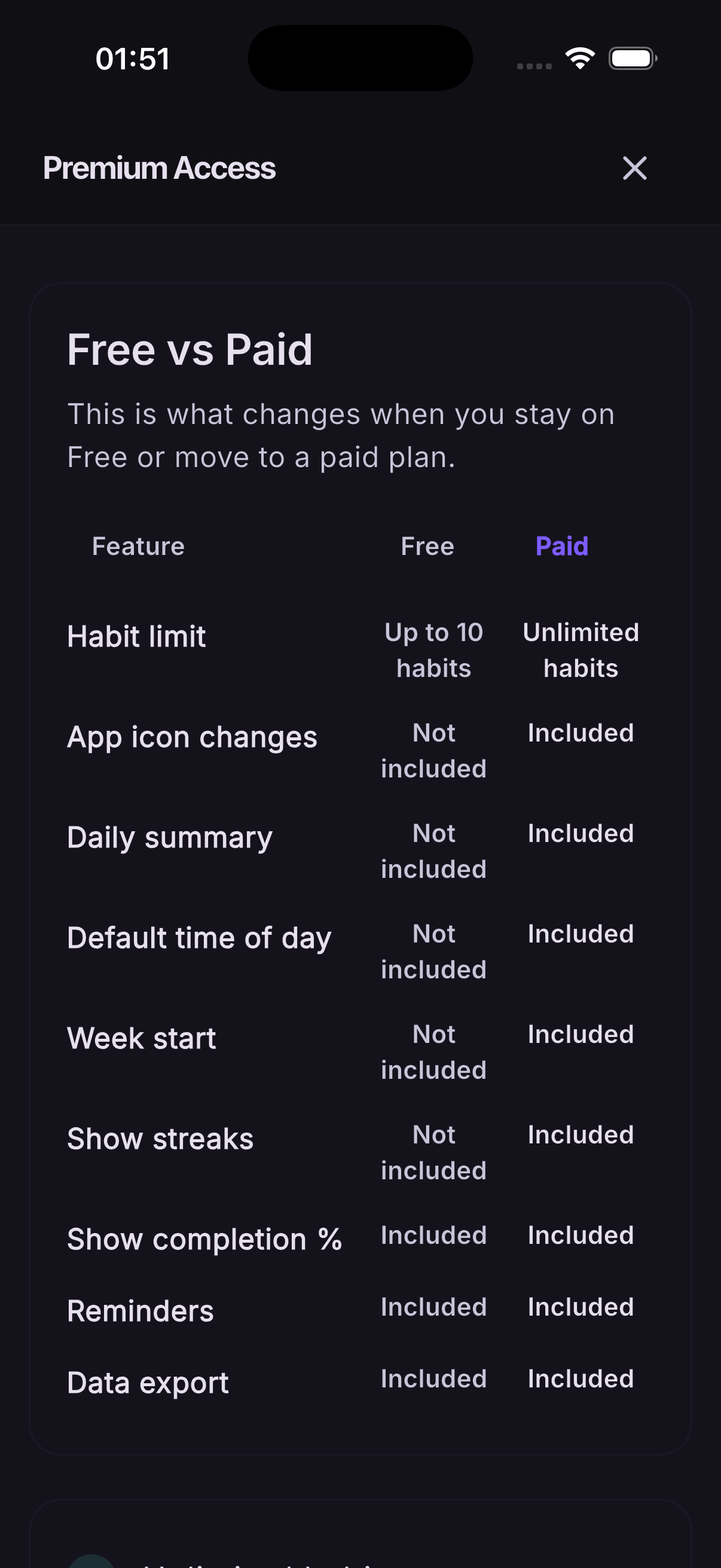 TinyHab free versus paid comparison screen.