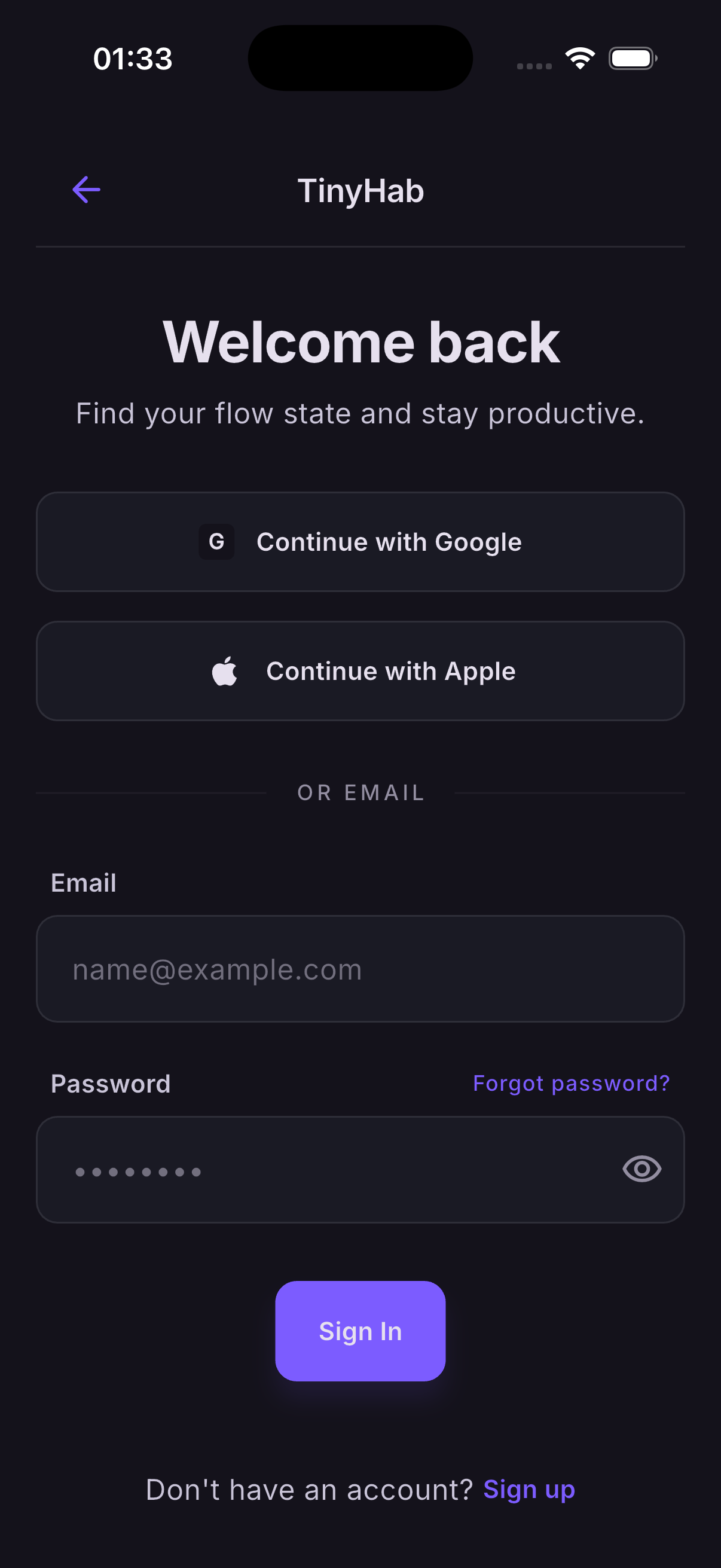 TinyHab login screen with Apple, Google, and email sign-in options.